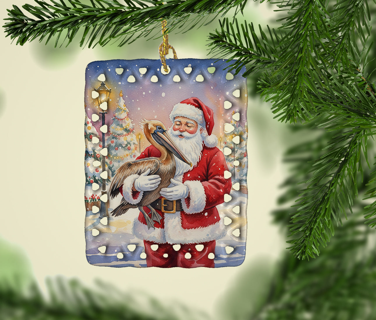 Pelican with Santa Claus Porcelain Ornament