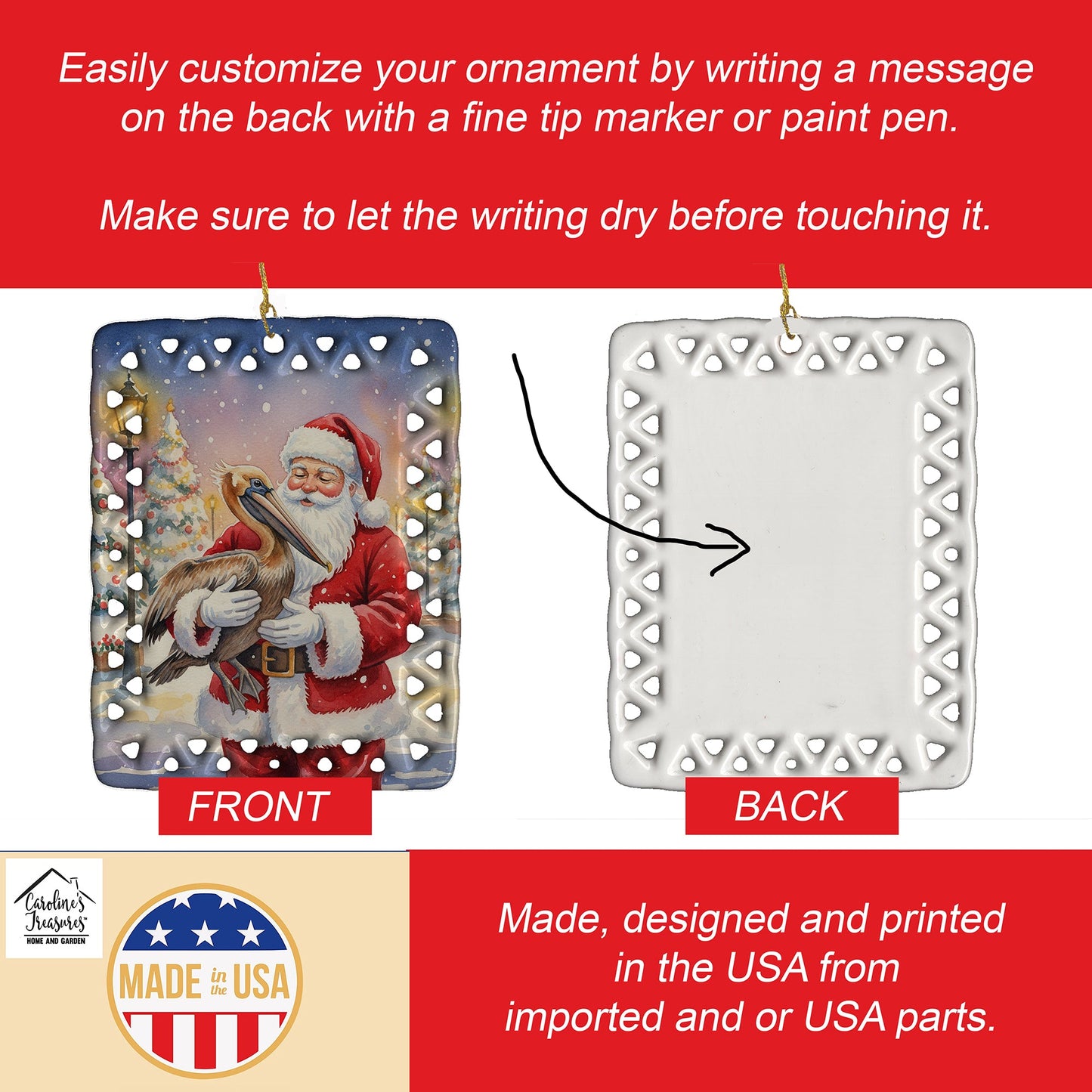 Pelican with Santa Claus Porcelain Ornament