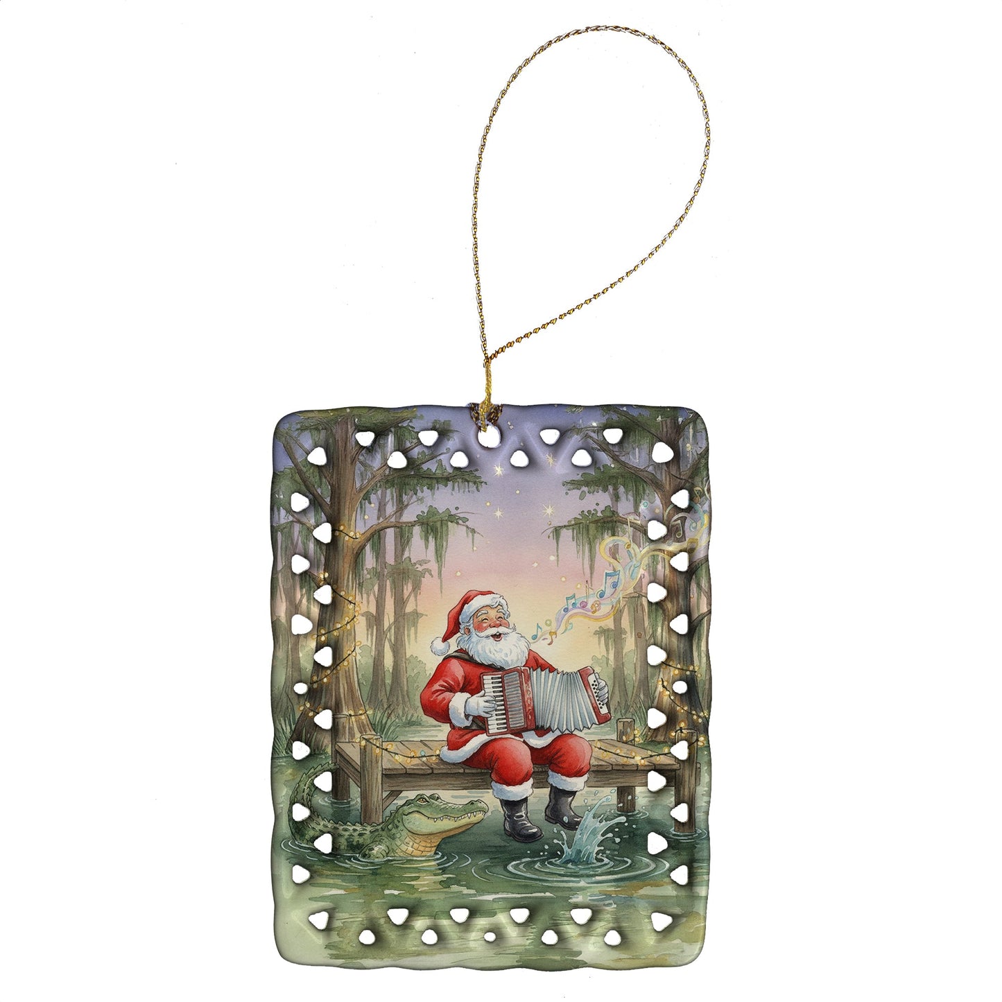Cajun Santa Claus and the Accordion Gator Christmas Porcelain Ornament