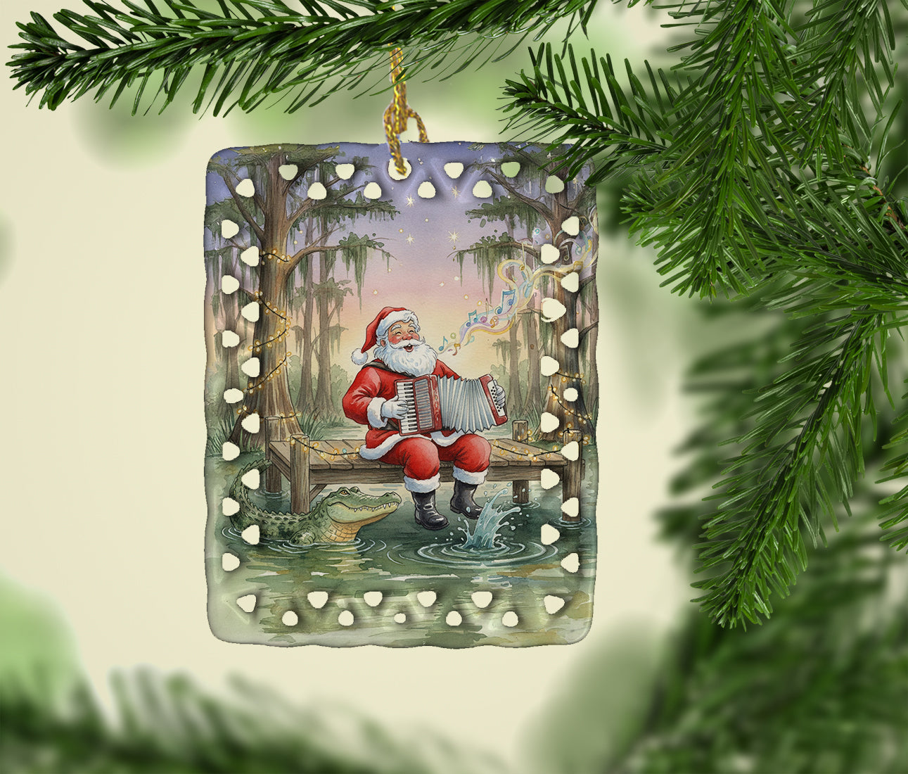 Cajun Santa Claus and the Accordion Gator Christmas Porcelain Ornament