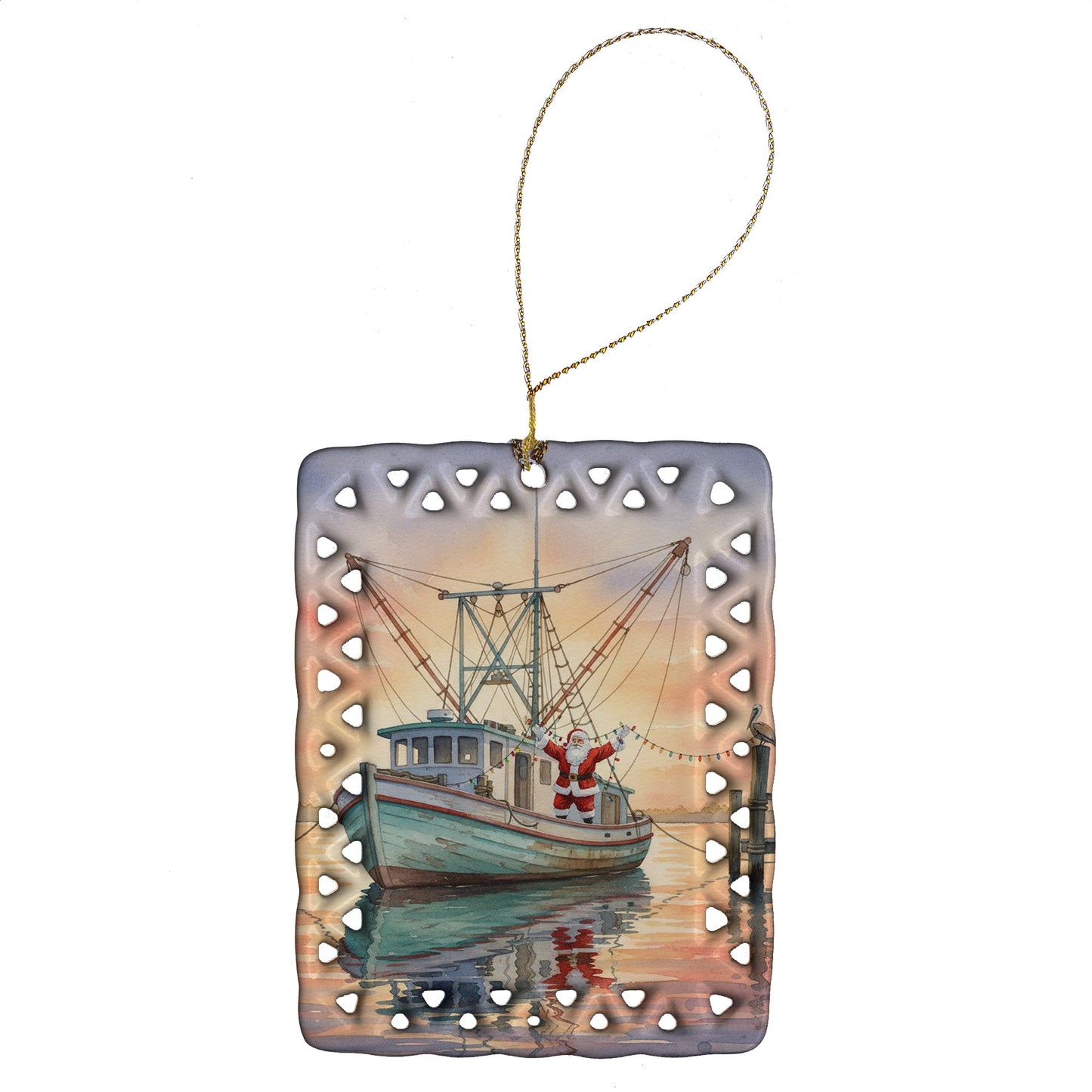 Cajun Santa Claus Decorating a Shrimp Boat Christmas Porcelain Ornament