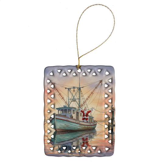 Cajun Santa Claus Decorating a Shrimp Boat Christmas Porcelain Ornament