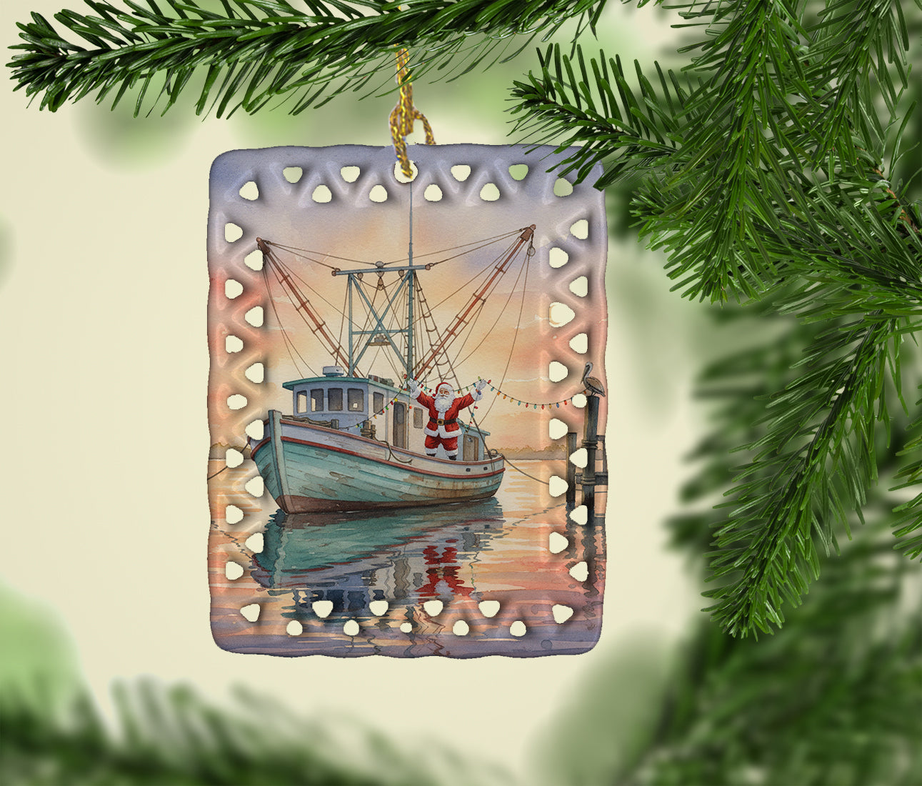 Cajun Santa Claus Decorating a Shrimp Boat Christmas Porcelain Ornament