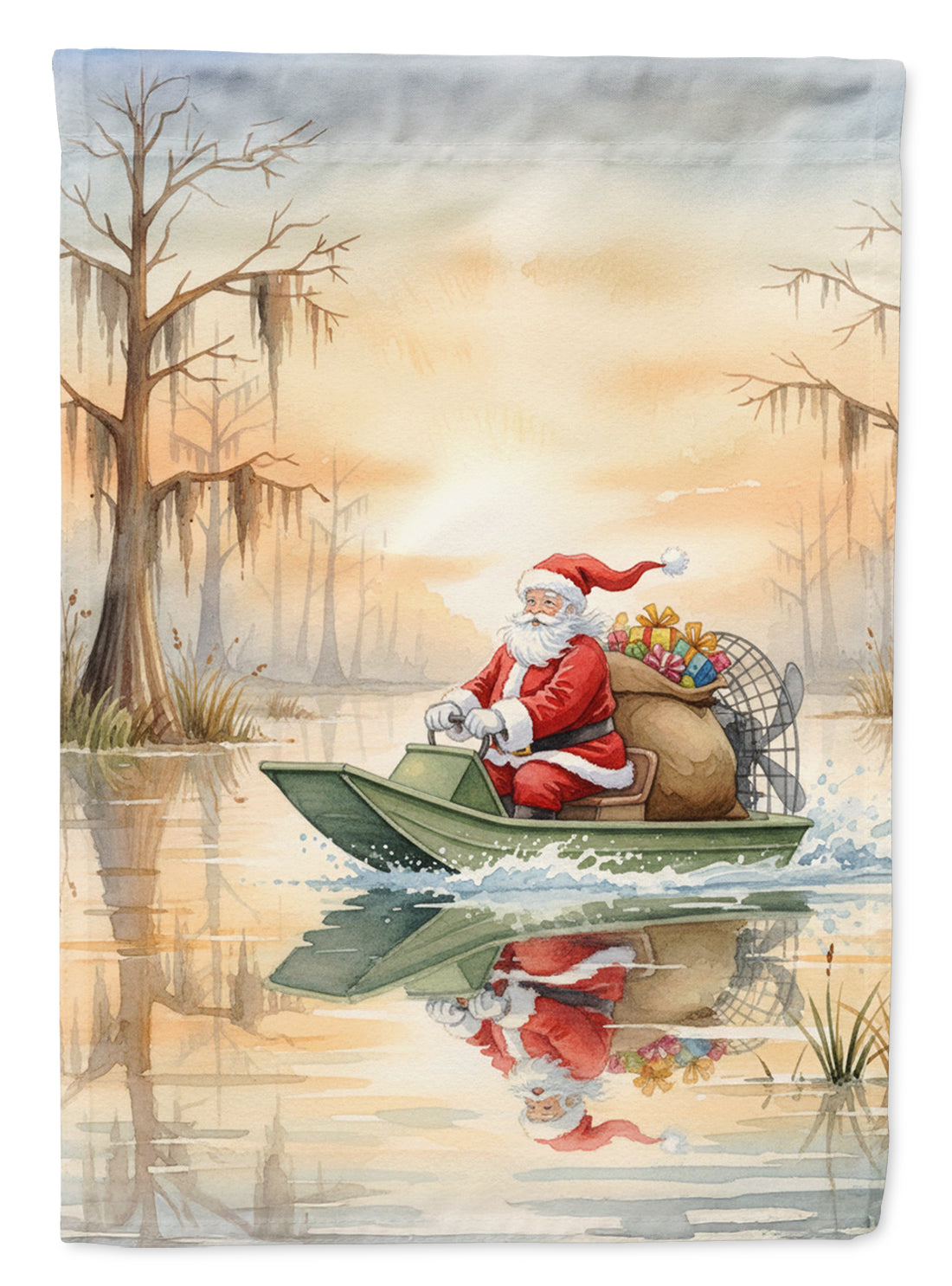 Cajun Santa Claus Delivering Gifts by Airboat Christmas House Flag