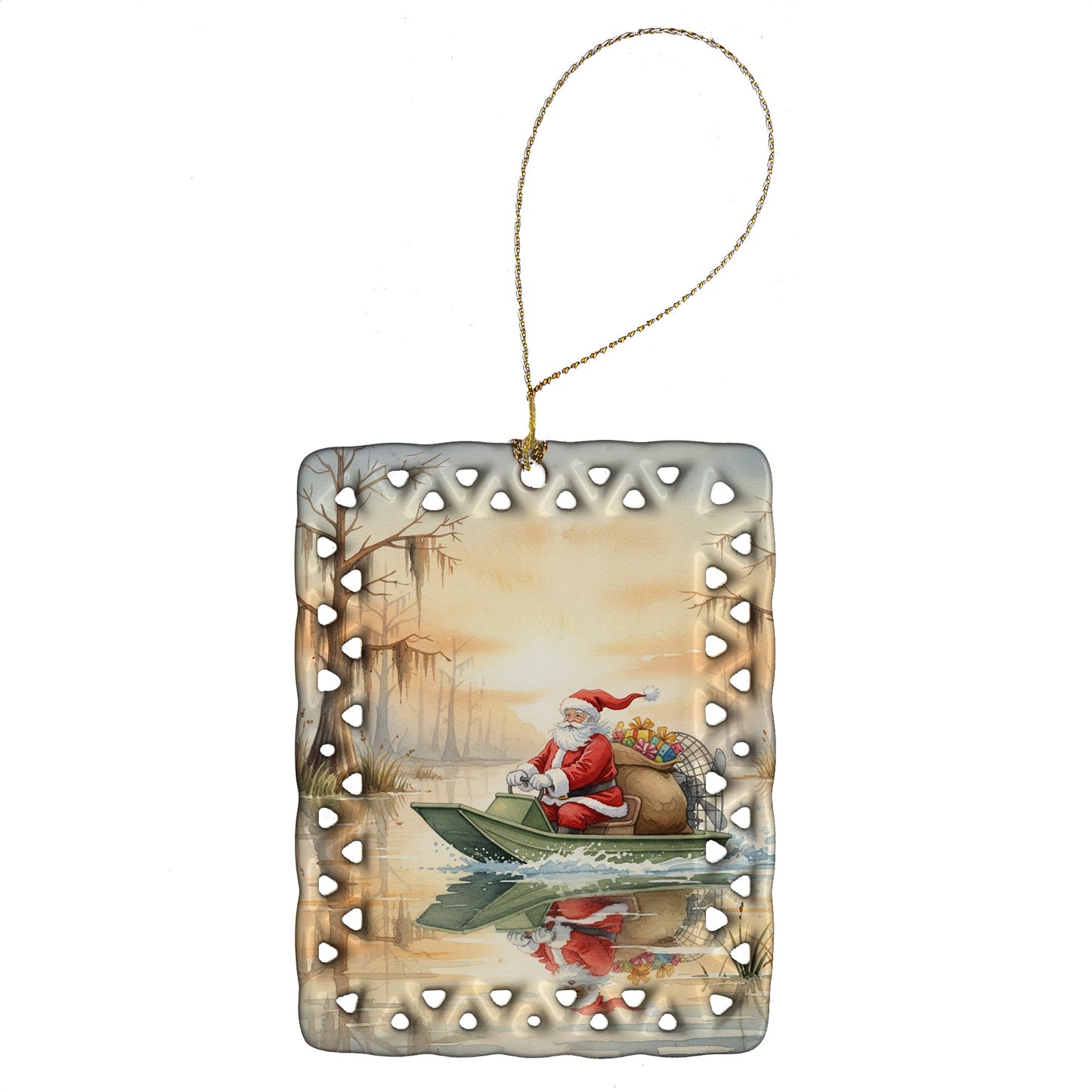 Cajun Santa Claus Delivering Gifts by Airboat Christmas Porcelain Ornament