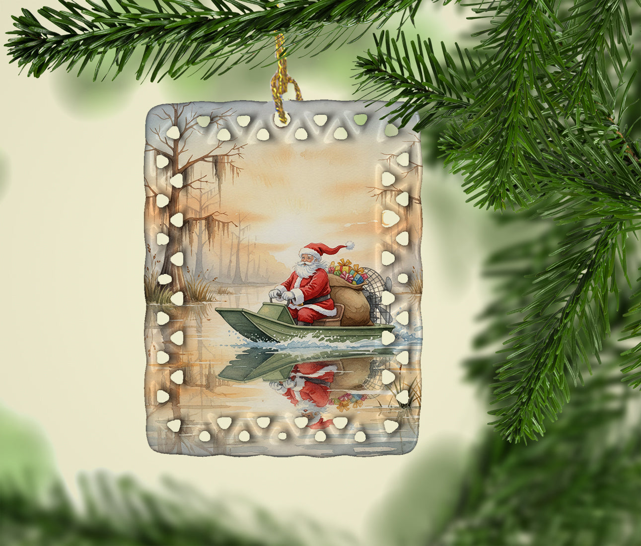 Cajun Santa Claus Delivering Gifts by Airboat Christmas Porcelain Ornament