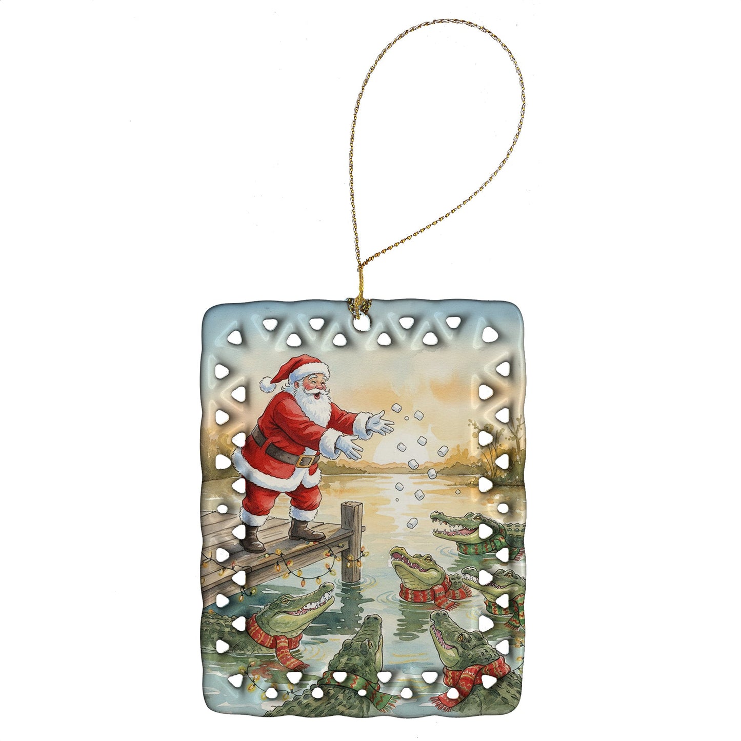 Cajun Santa Claus Feeding the Gators Christmas Porcelain Ornament