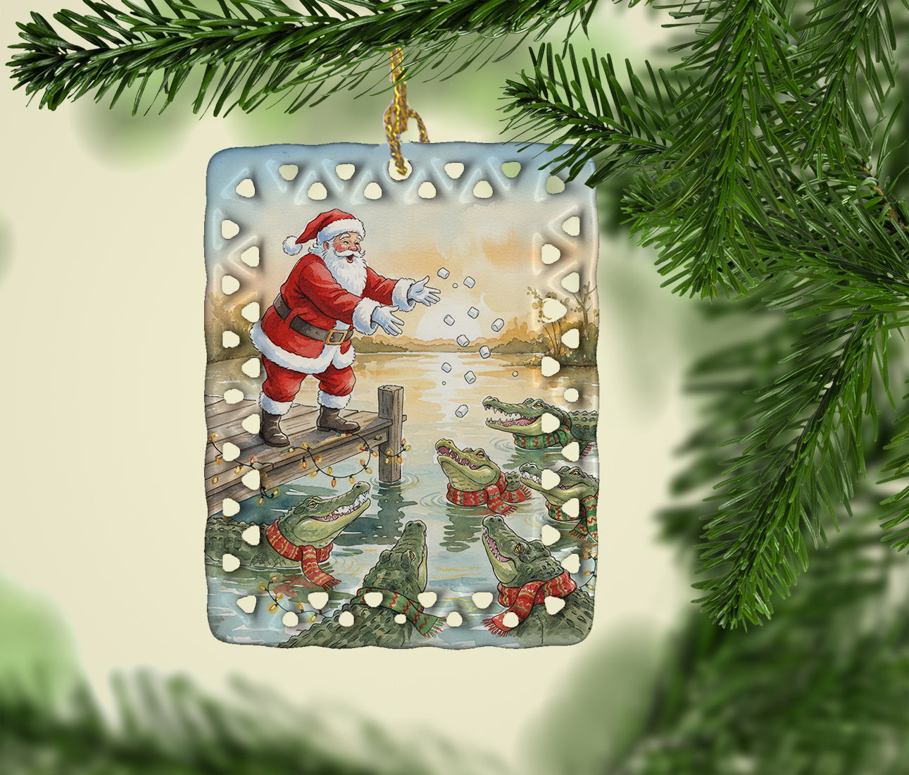 Cajun Santa Claus Feeding the Gators Christmas Porcelain Ornament