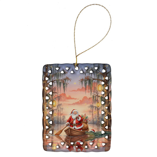 Cajun Santa Claus in the Pirogue Christmas Porcelain Ornament