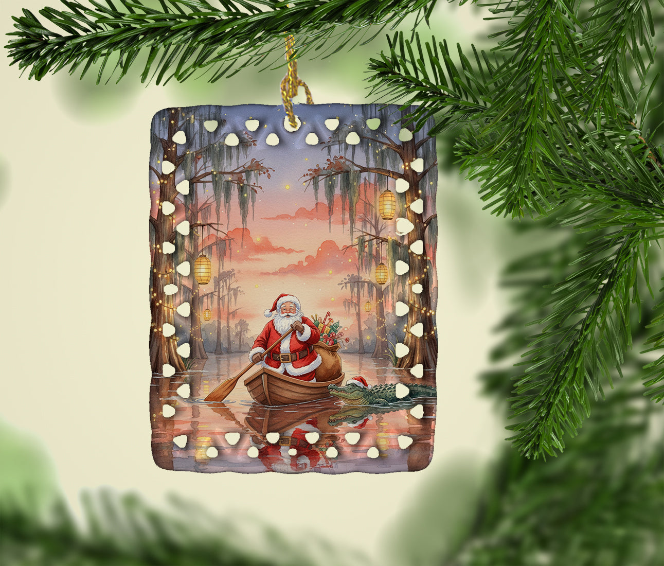 Cajun Santa Claus in the Pirogue Christmas Porcelain Ornament