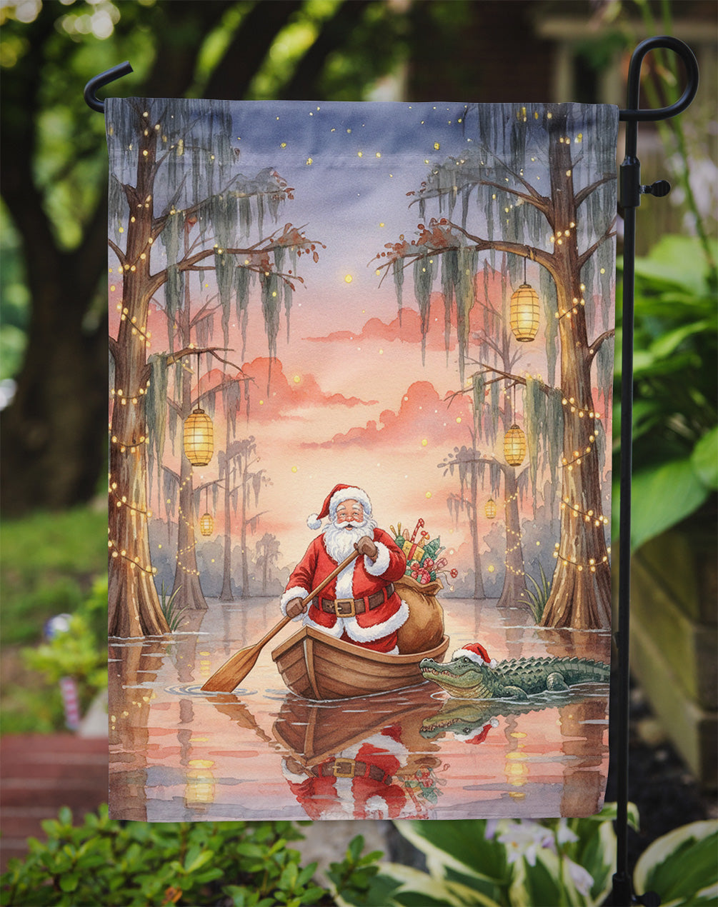 Cajun Santa Claus in the Pirogue Christmas Garden Flag
