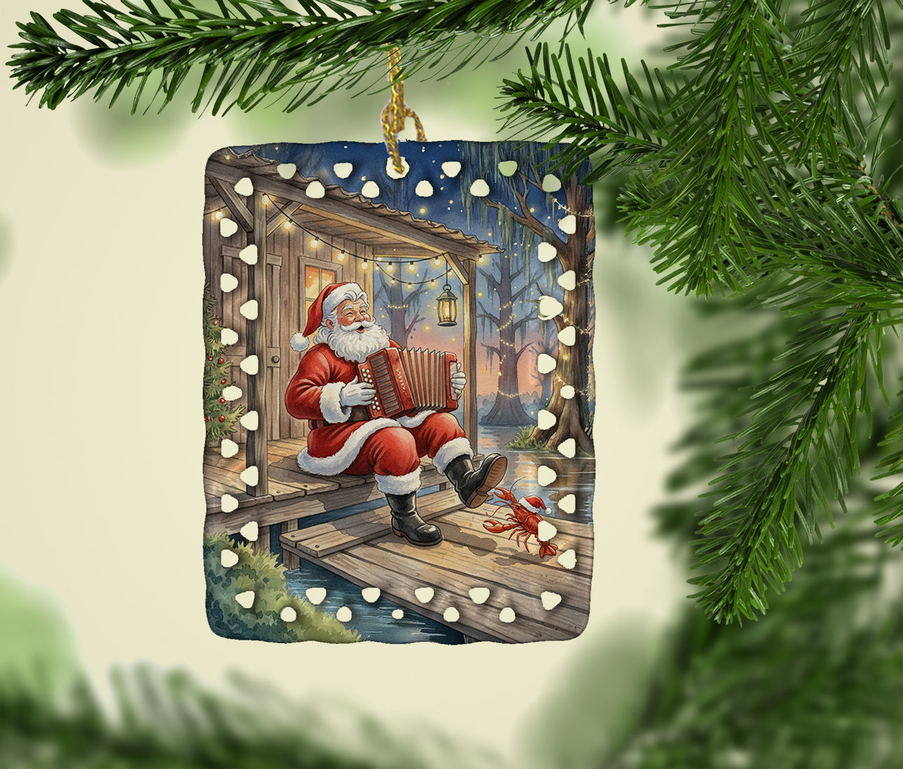 Cajun Santa Claus Playing Zydeco Christmas Porcelain Ornament