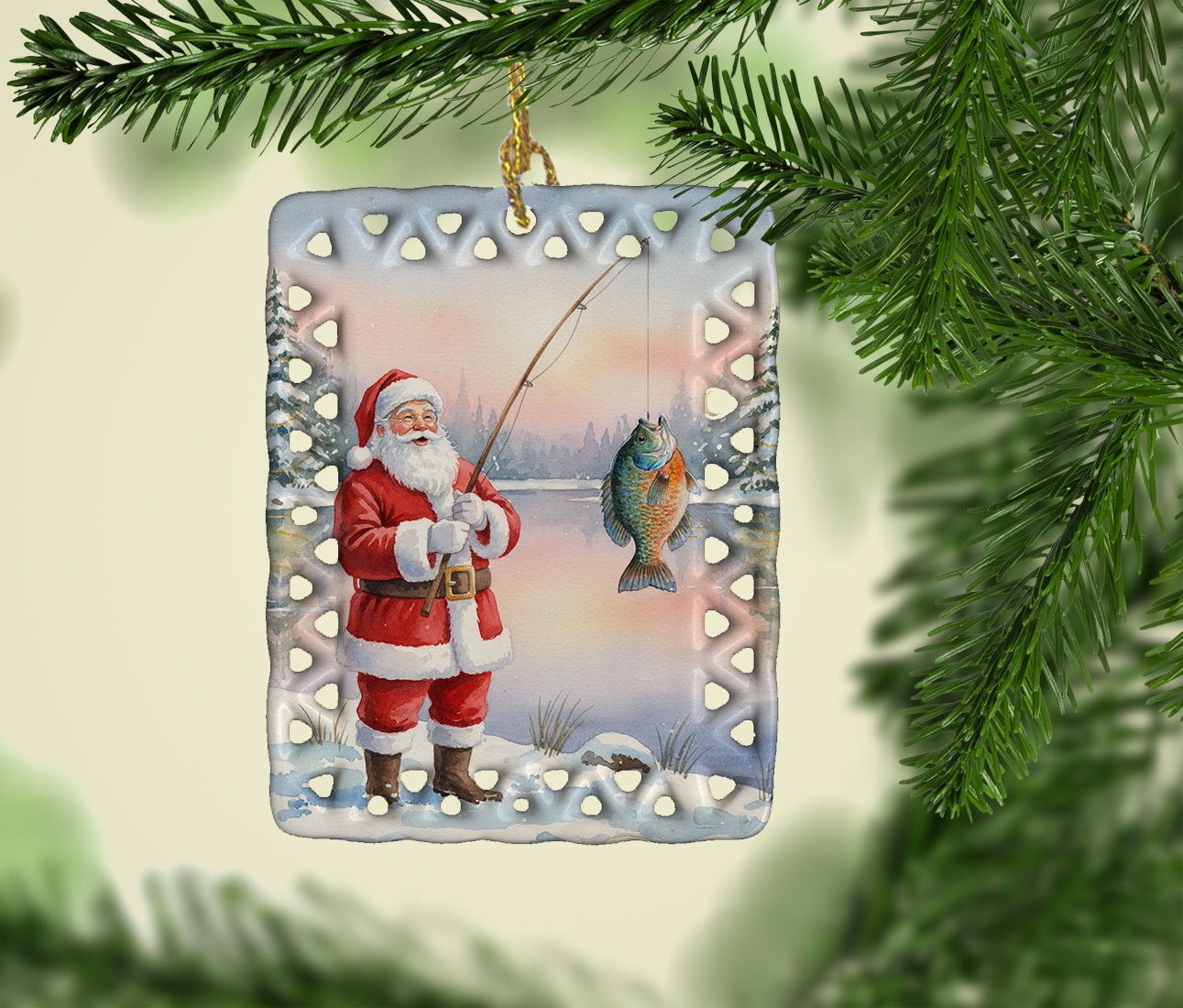 Fishing Santa Claus with Bluegill Christmas Porcelain Ornament