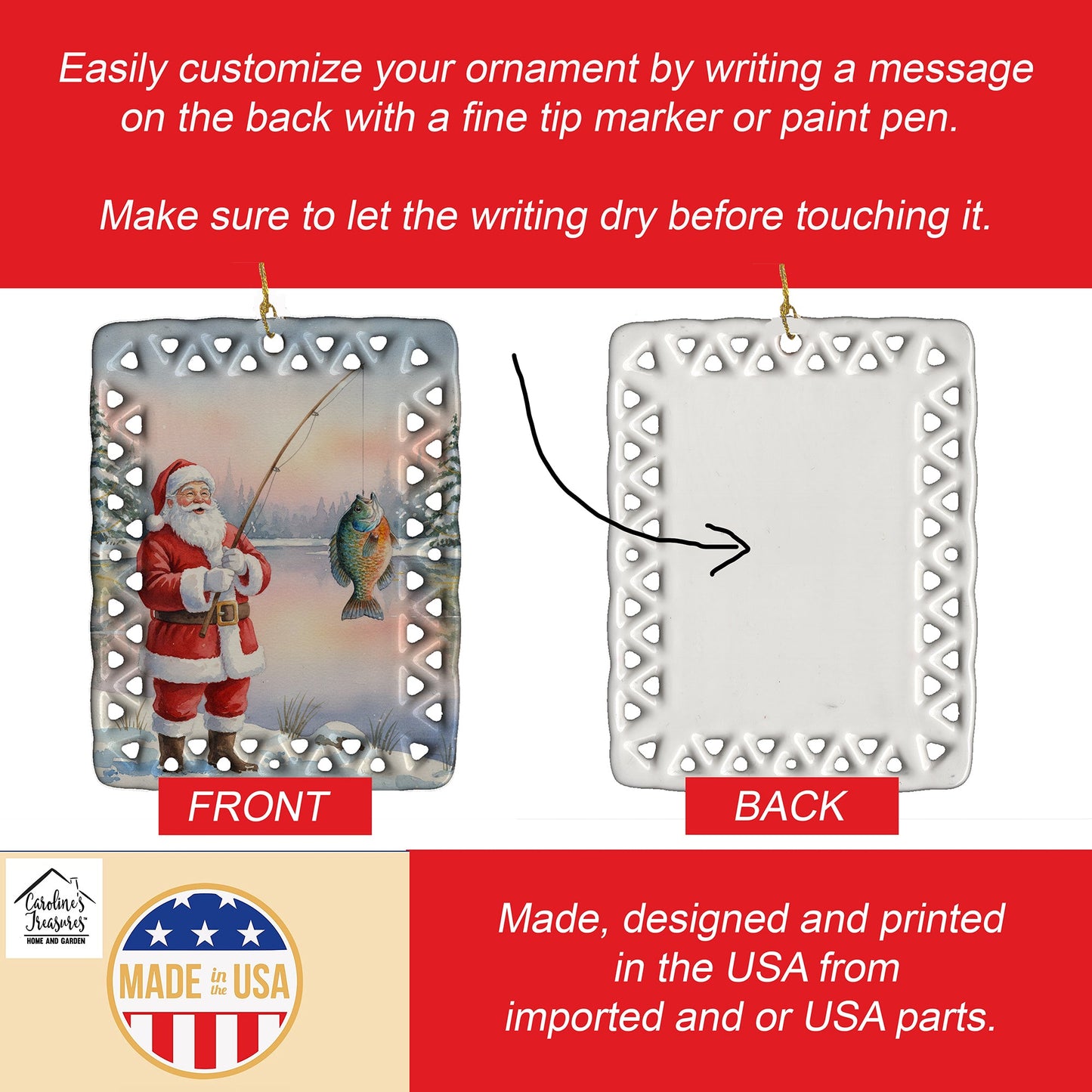 Fishing Santa Claus with Bluegill Christmas Porcelain Ornament