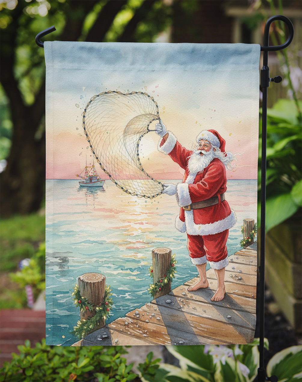 Fishing Santa Claus with Castnet Christmas Garden Flag