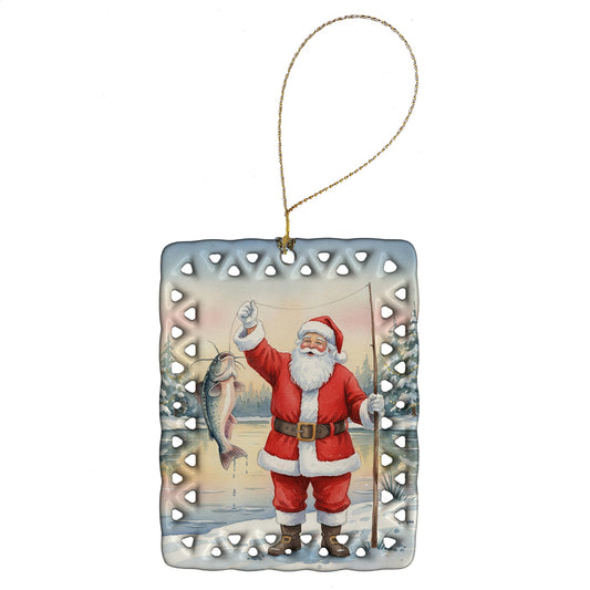 Fishing Santa Claus with Catfish Christmas Porcelain Ornament