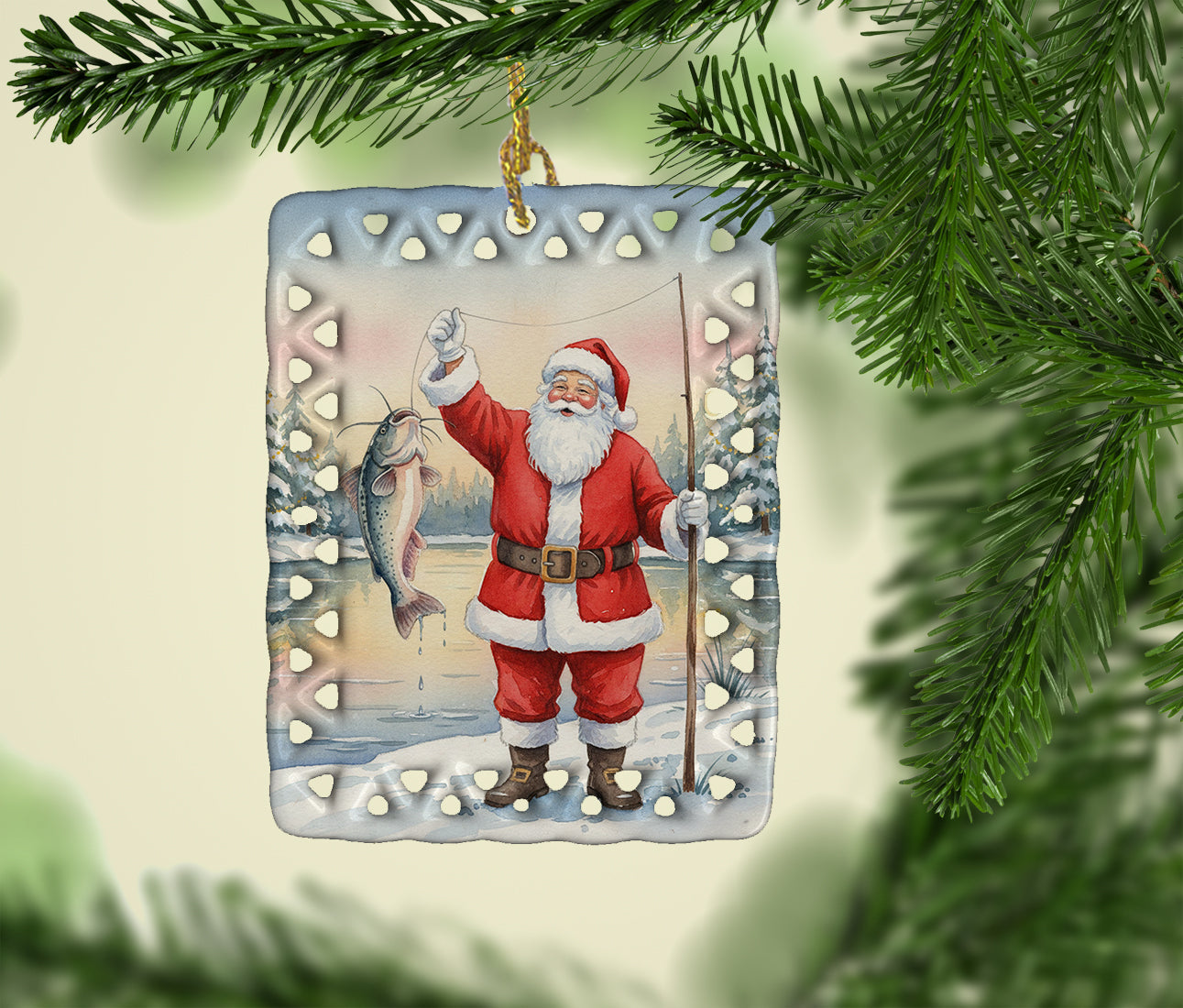 Fishing Santa Claus with Catfish Christmas Porcelain Ornament
