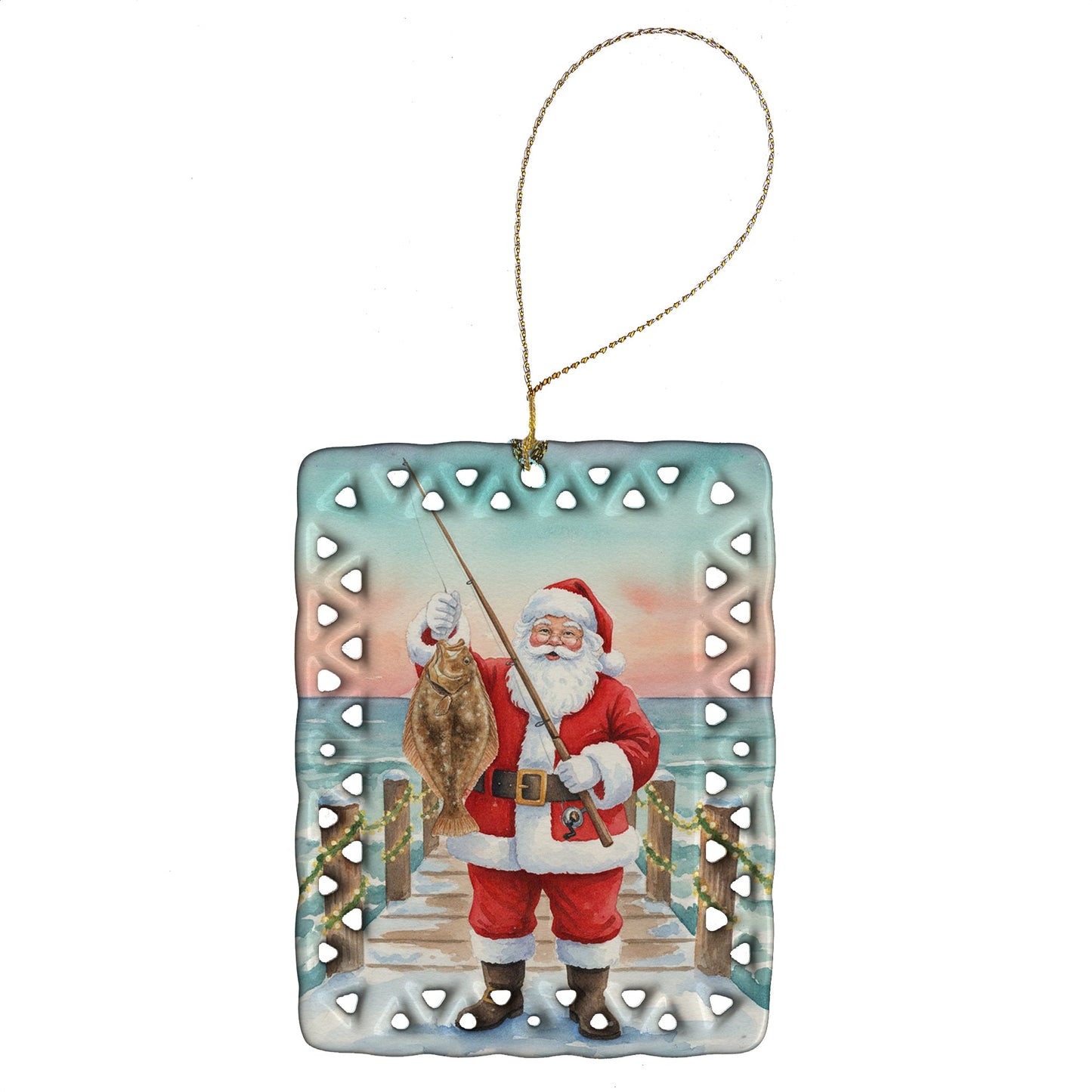 Fishing Santa Claus with Flounder Christmas Porcelain Ornament