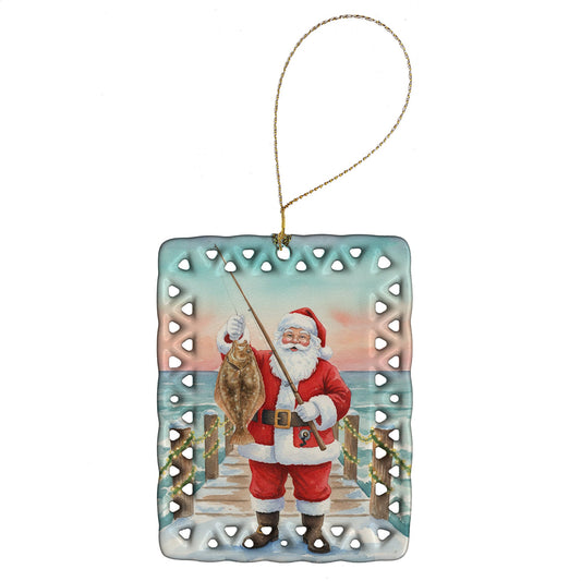 Fishing Santa Claus with Flounder Christmas Porcelain Ornament