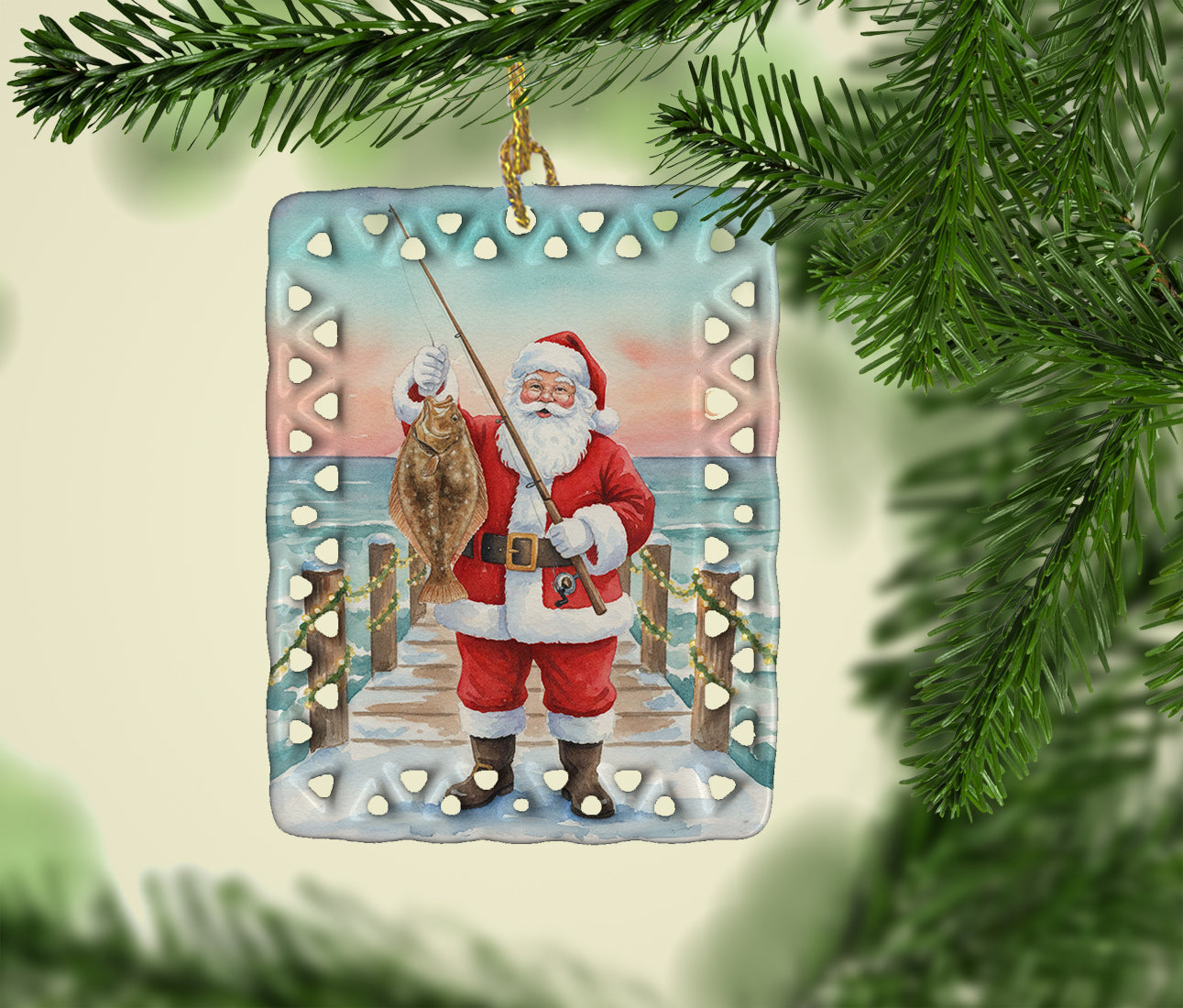 Fishing Santa Claus with Flounder Christmas Porcelain Ornament