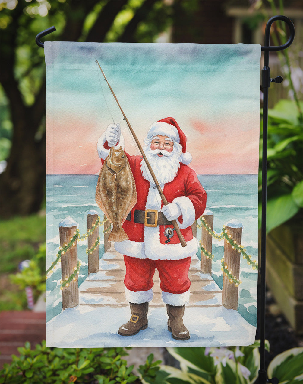 Fishing Santa Claus with Flounder Christmas Garden Flag