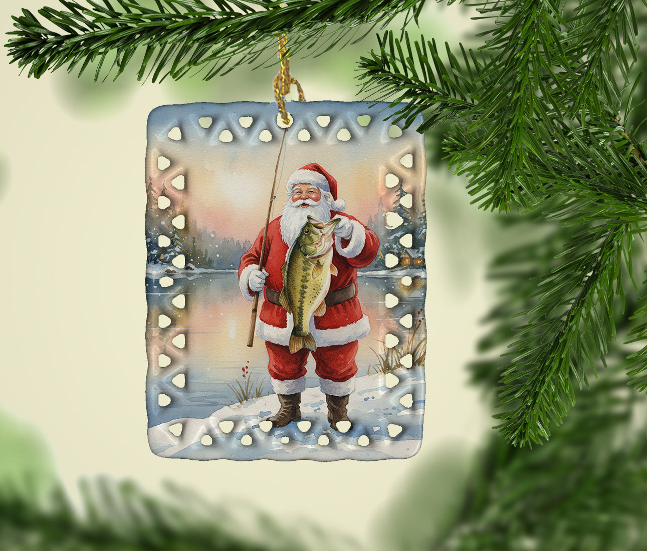 Fishing Santa Claus with Largemouth Bass Christmas Porcelain Ornament