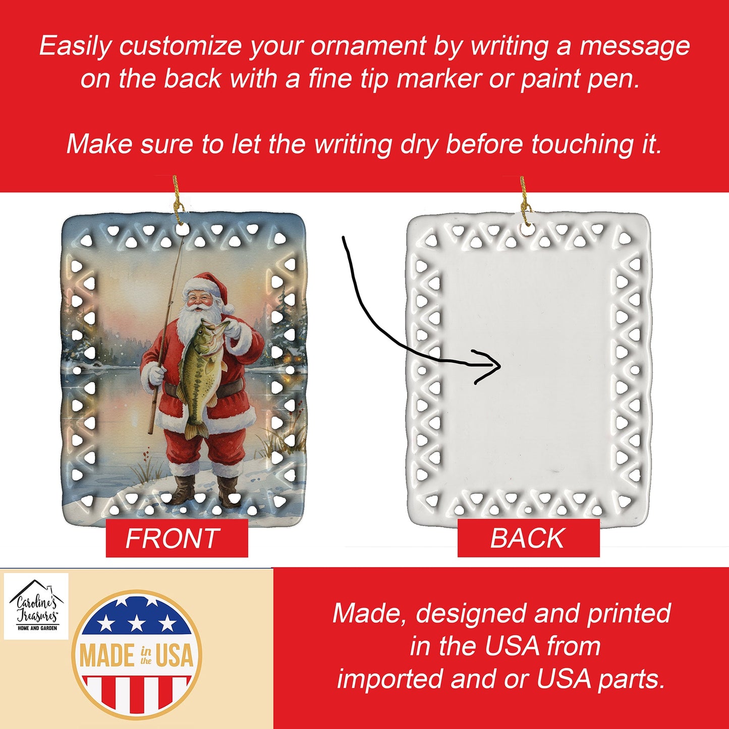 Fishing Santa Claus with Largemouth Bass Christmas Porcelain Ornament