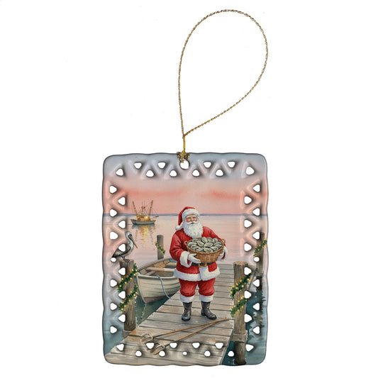 Fishing Santa Claus with Oysters Christmas Porcelain Ornament