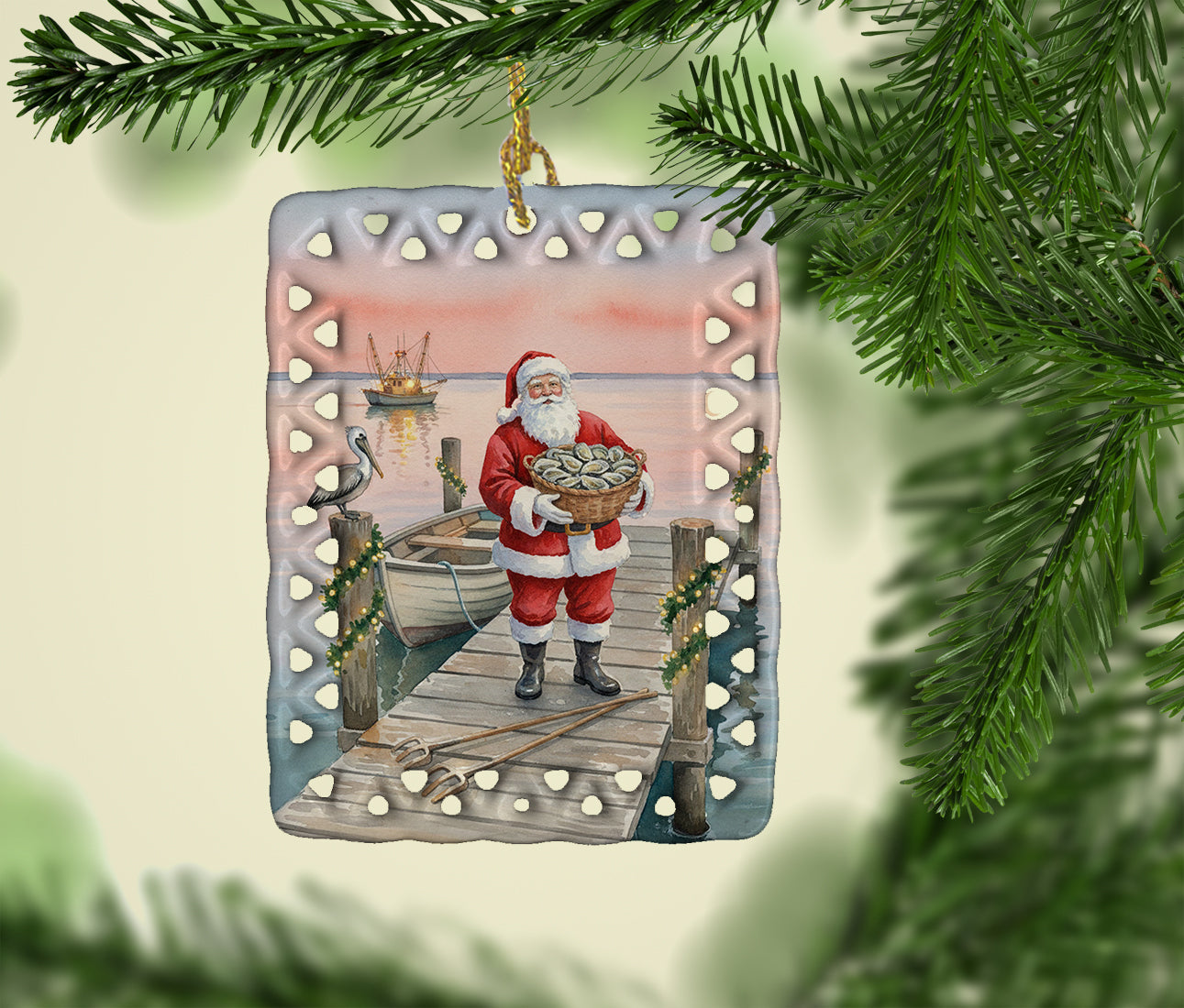 Fishing Santa Claus with Oysters Christmas Porcelain Ornament