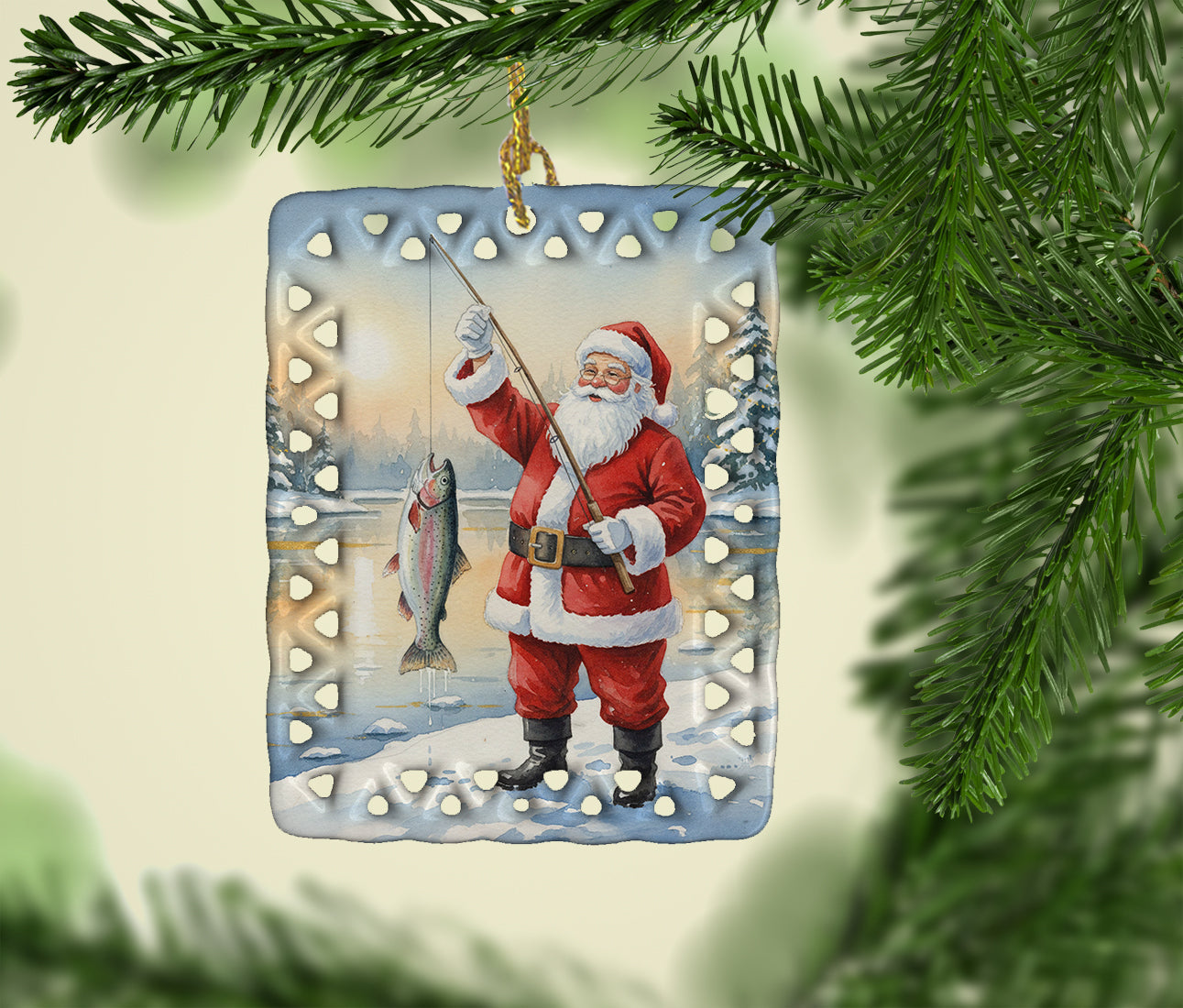 Fishing Santa Claus with Rainbow Trout Christmas Porcelain Ornament