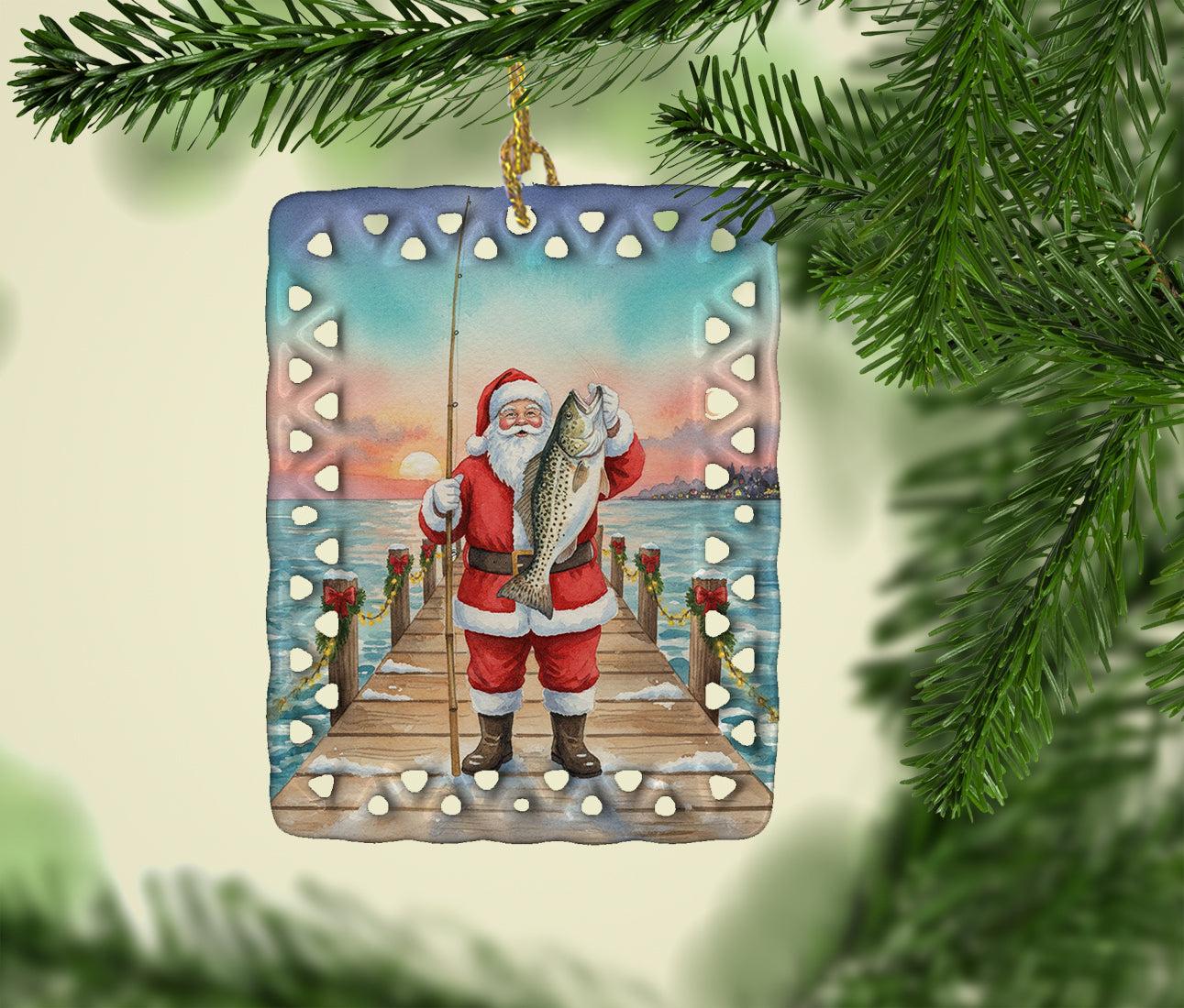 Fishing Santa Claus with Speckled Trout Christmas Porcelain Ornament