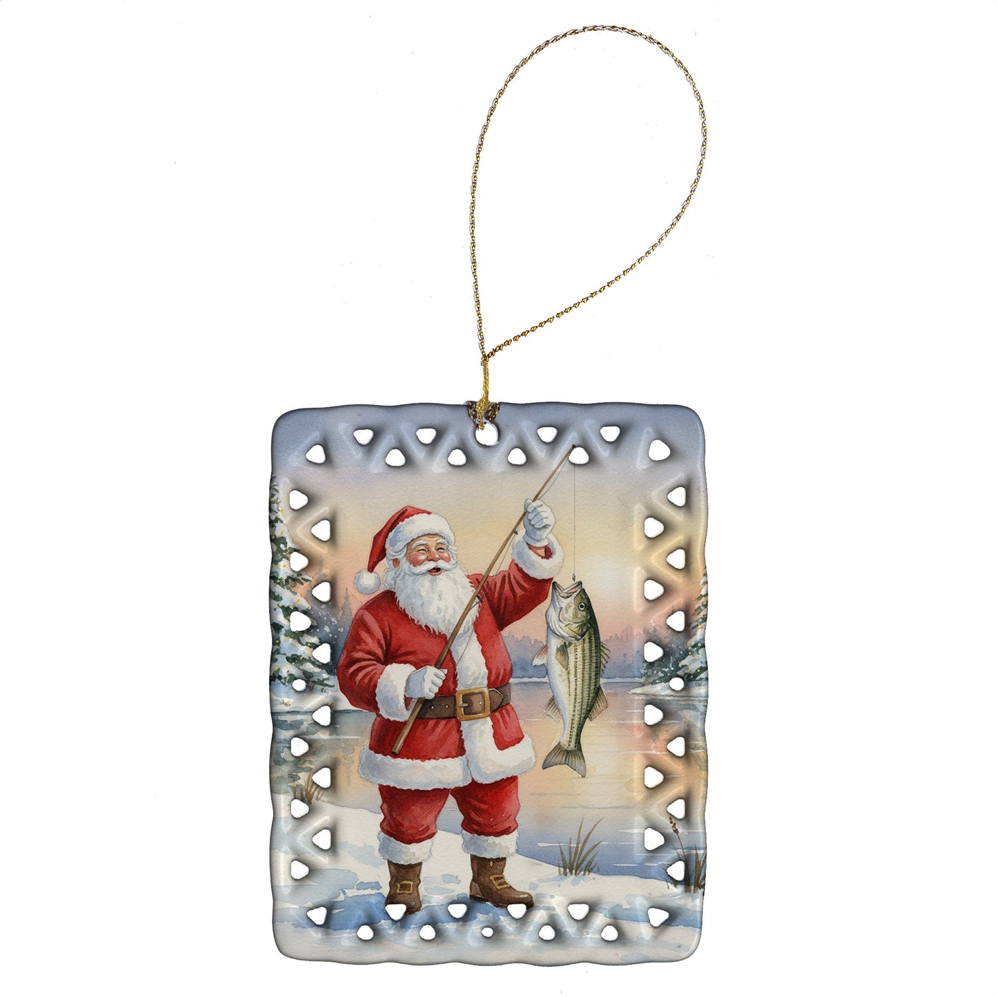 Fishing Santa Claus with Striped Bass Christmas Porcelain Ornament
