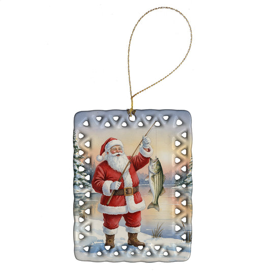 Fishing Santa Claus with Striped Bass Christmas Porcelain Ornament