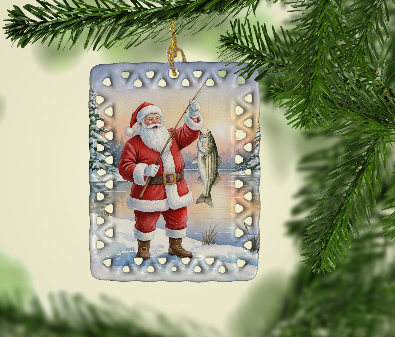 Fishing Santa Claus with Striped Bass Christmas Porcelain Ornament