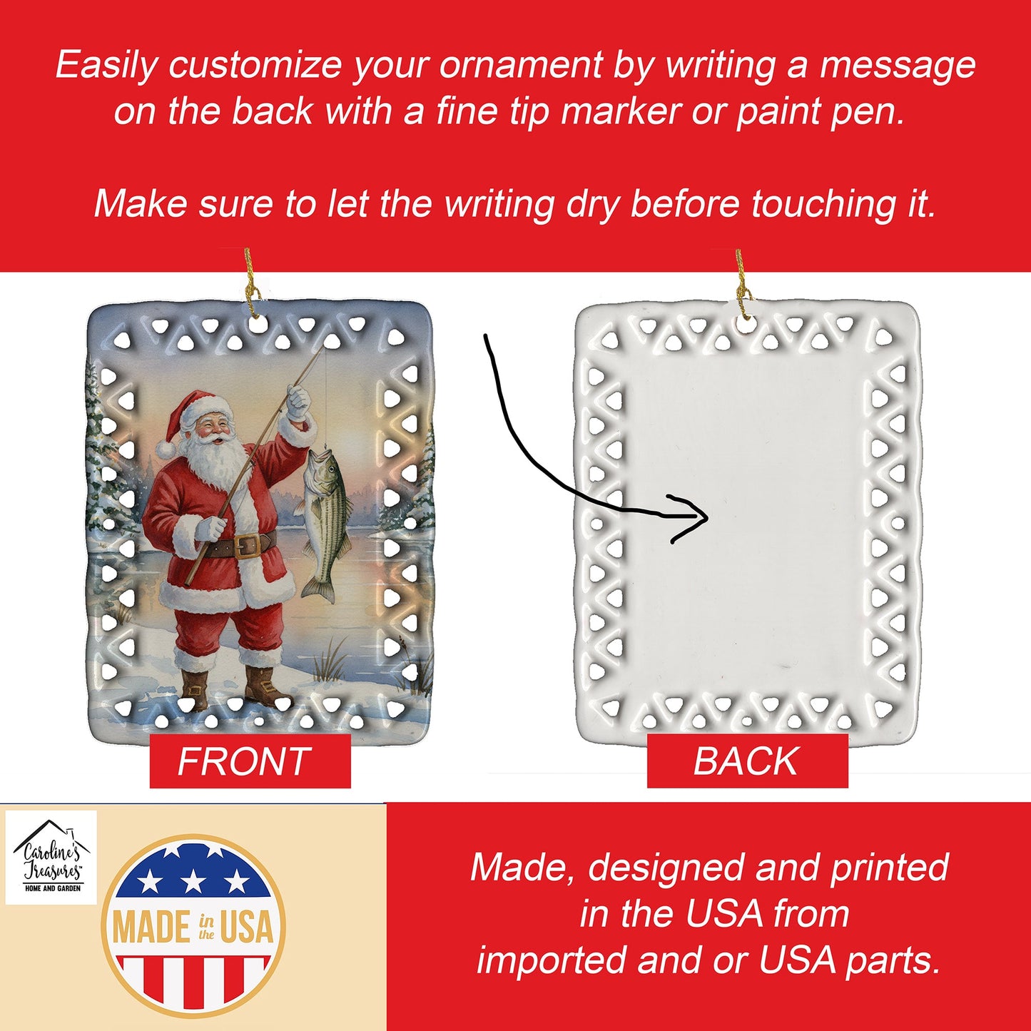 Fishing Santa Claus with Striped Bass Christmas Porcelain Ornament