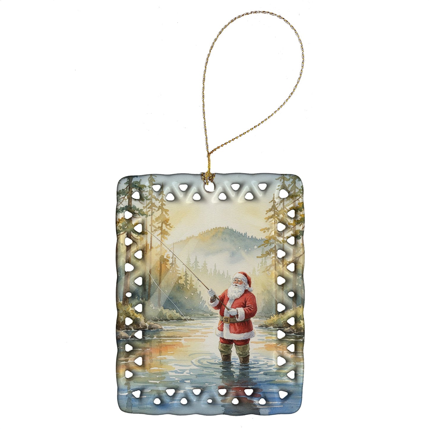 Santa Claus Fly-Fishing at Sunrise Christmas Porcelain Ornament