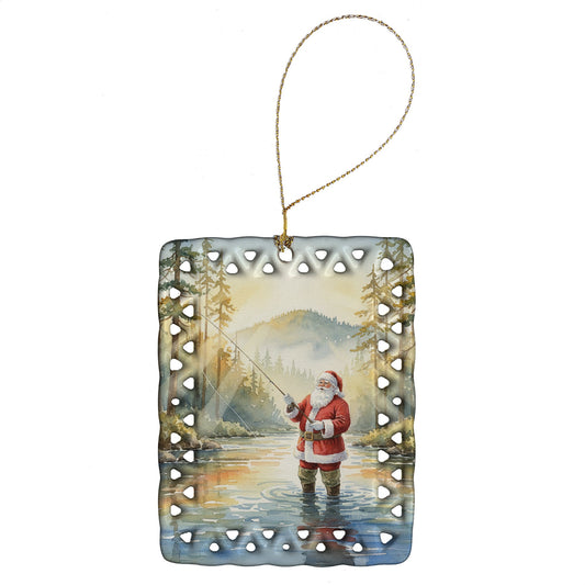 Santa Claus Fly-Fishing at Sunrise Christmas Porcelain Ornament