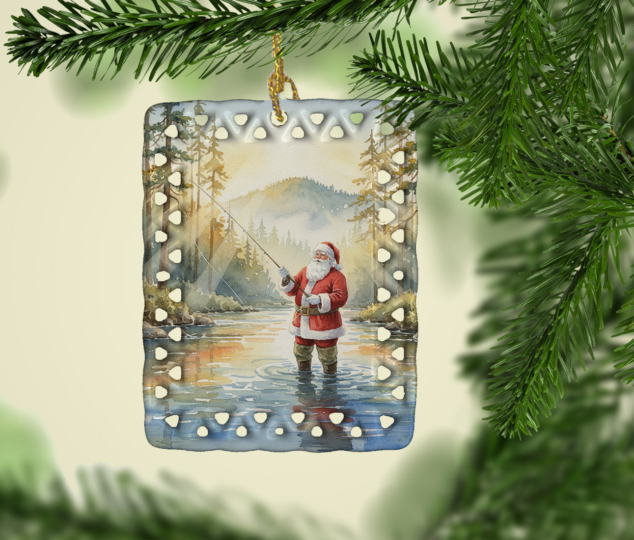 Santa Claus Fly-Fishing at Sunrise Christmas Porcelain Ornament