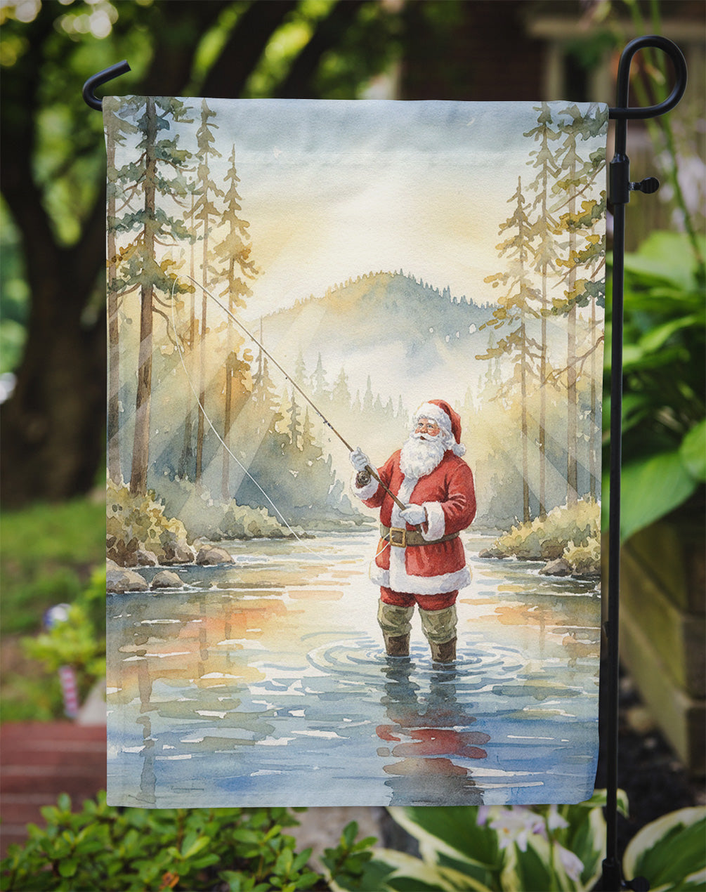 Santa Claus Fly-Fishing at Sunrise Christmas Garden Flag