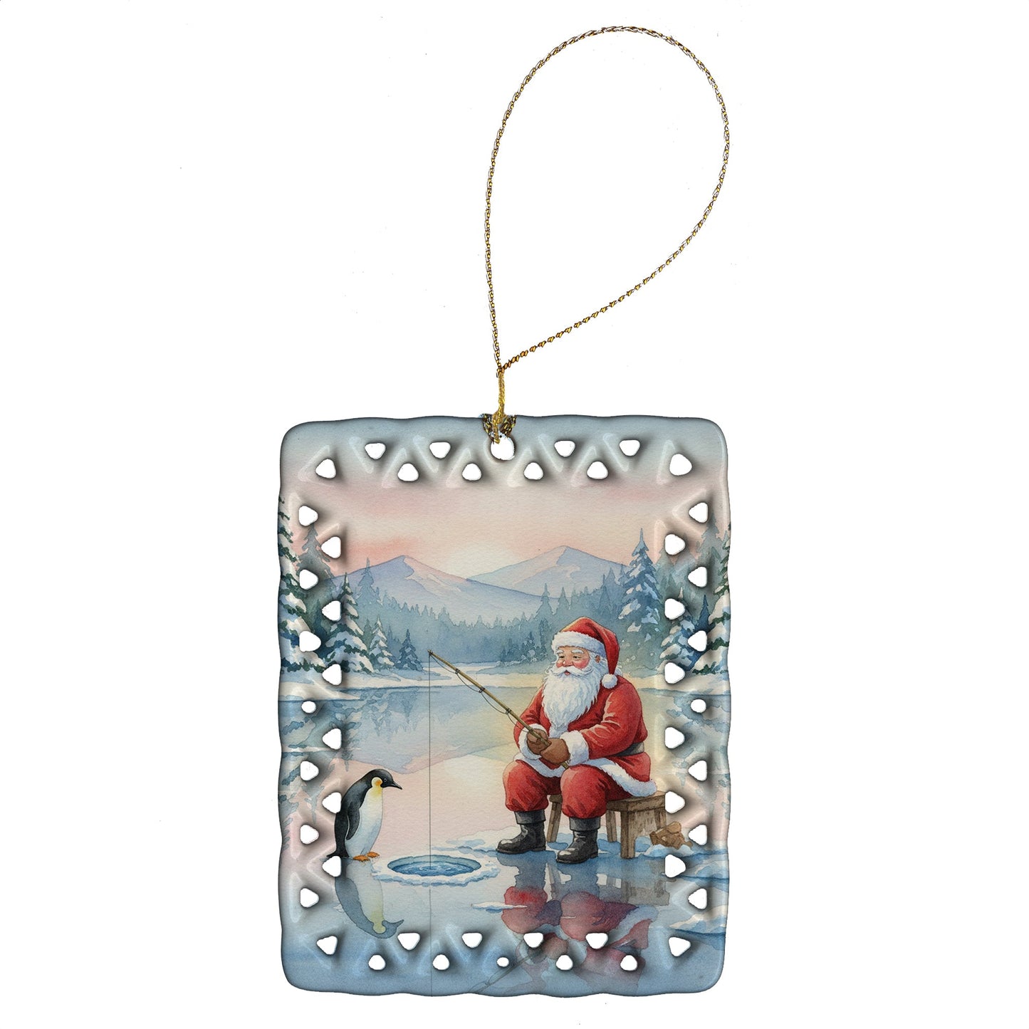 Santa Claus Ice Fishing on the Lake Christmas Porcelain Ornament