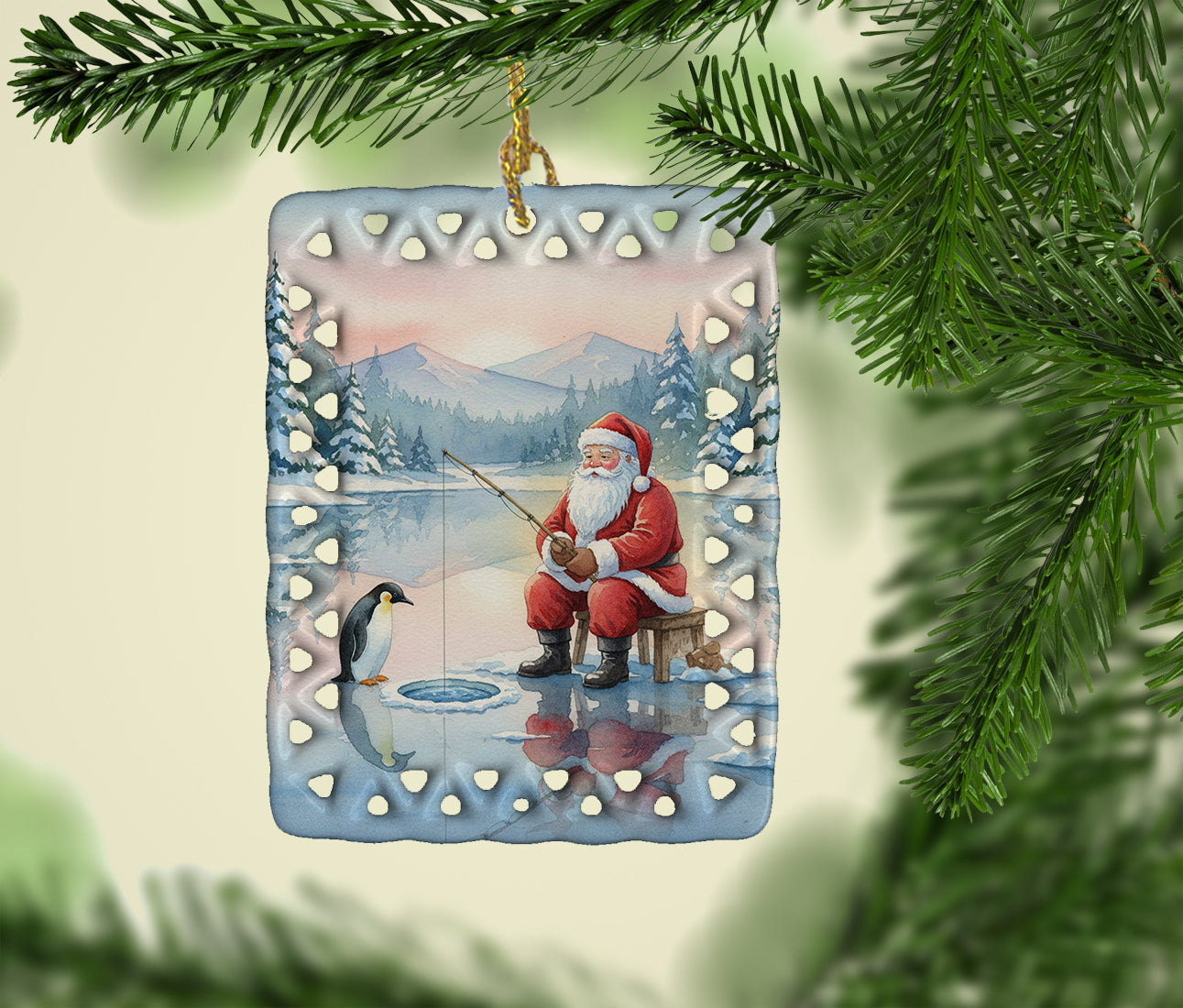 Santa Claus Ice Fishing on the Lake Christmas Porcelain Ornament