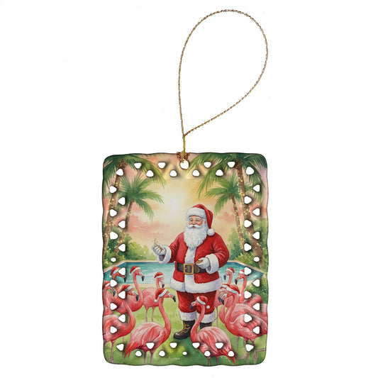 Santa Claus with Flamingos Christmas Porcelain Ornament