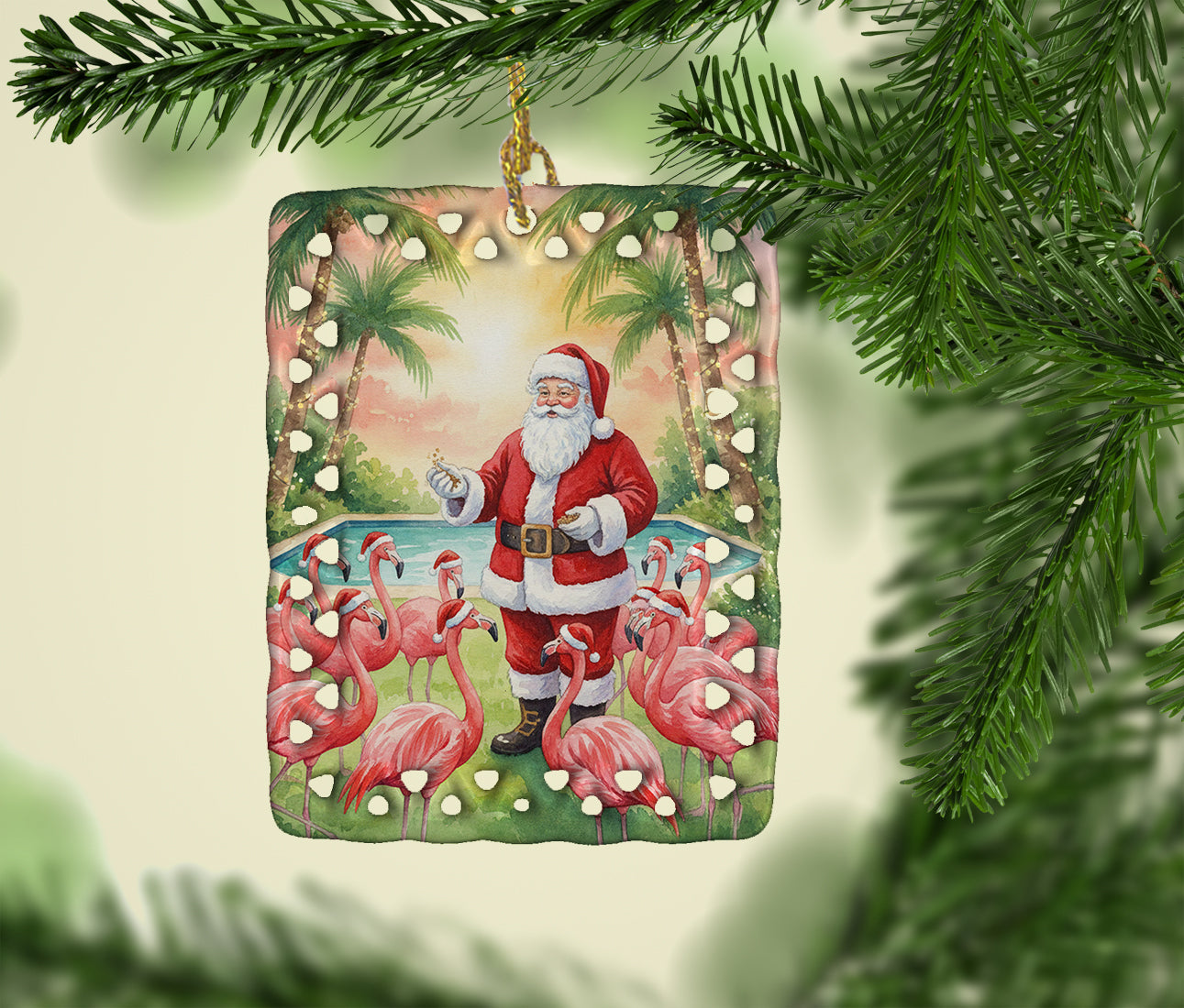 Santa Claus with Flamingos Christmas Porcelain Ornament